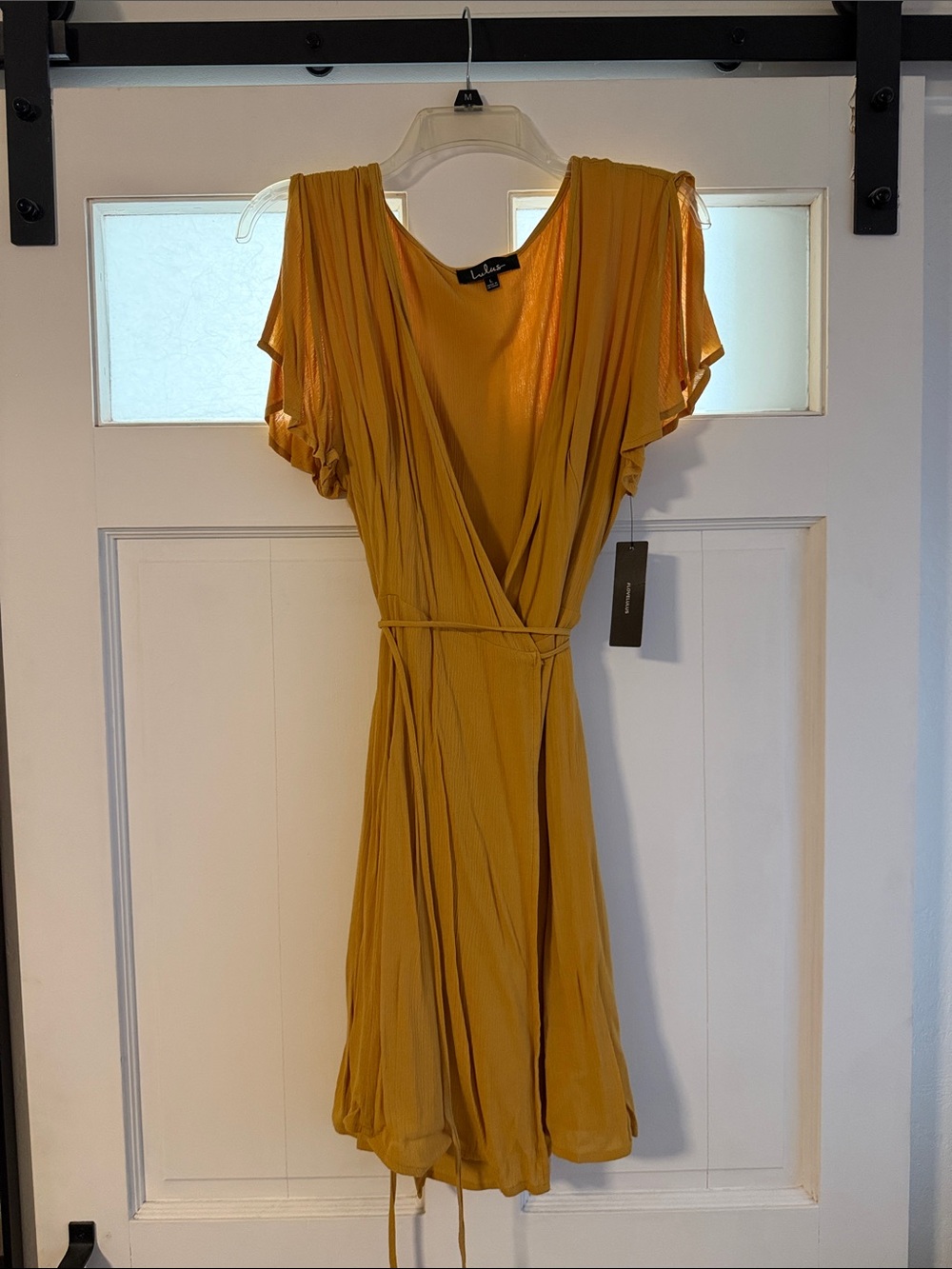 Lulu's Mustard Wrap Midi Dress with Flutter Sleeves